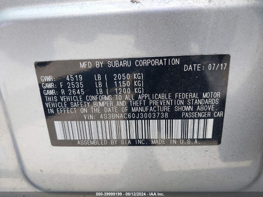 2018 Subaru Legacy 2.5I Premium VIN: 4S3BNAC60J3003738 Lot: 39999199