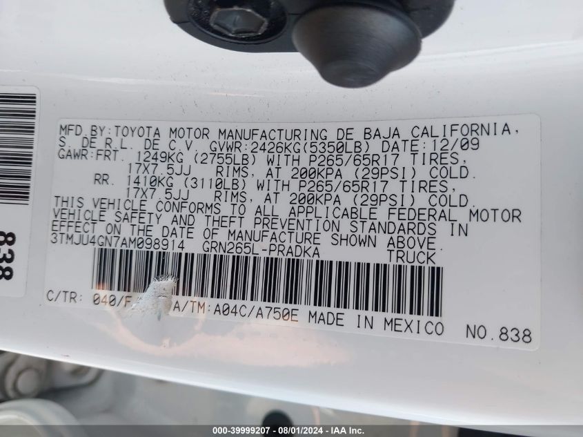 2010 Toyota Tacoma Prerunner V6 VIN: 3TMJU4GN7AM098914 Lot: 39999207