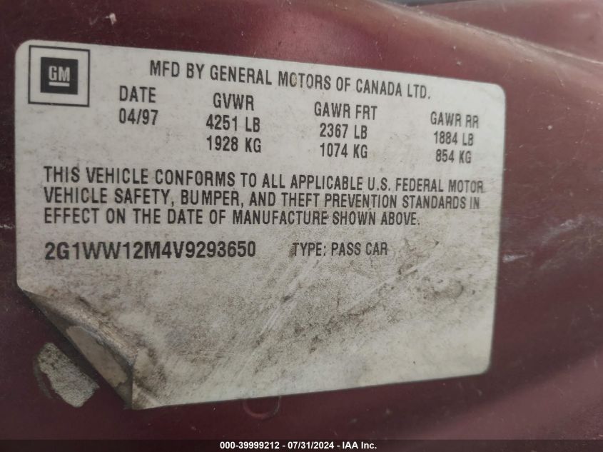 1997 Chevrolet Monte Carlo Ls Cmi VIN: 2G1WW12M4V9293650 Lot: 39999212