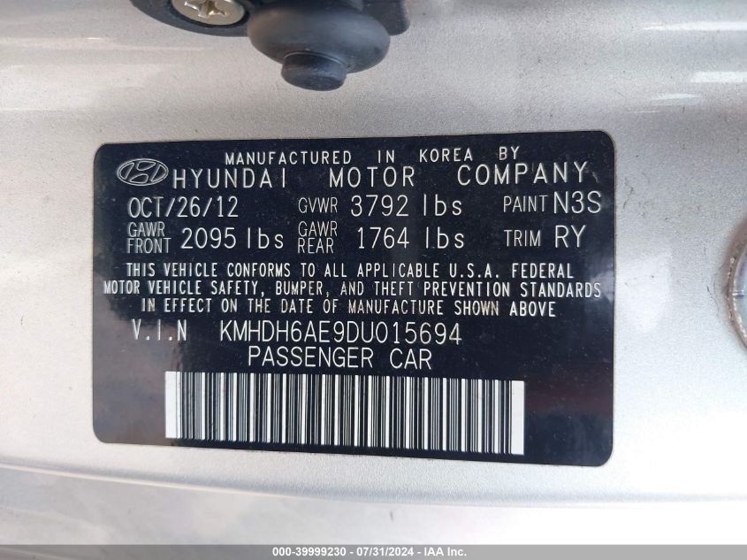 2013 Hyundai Elantra Se VIN: KMHDH6AE9DU015694 Lot: 39999230