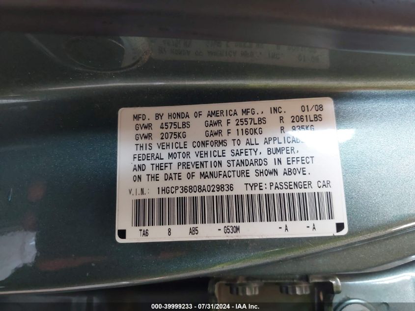 1HGCP36808A029836 2008 Honda Accord 3.5 Ex-L