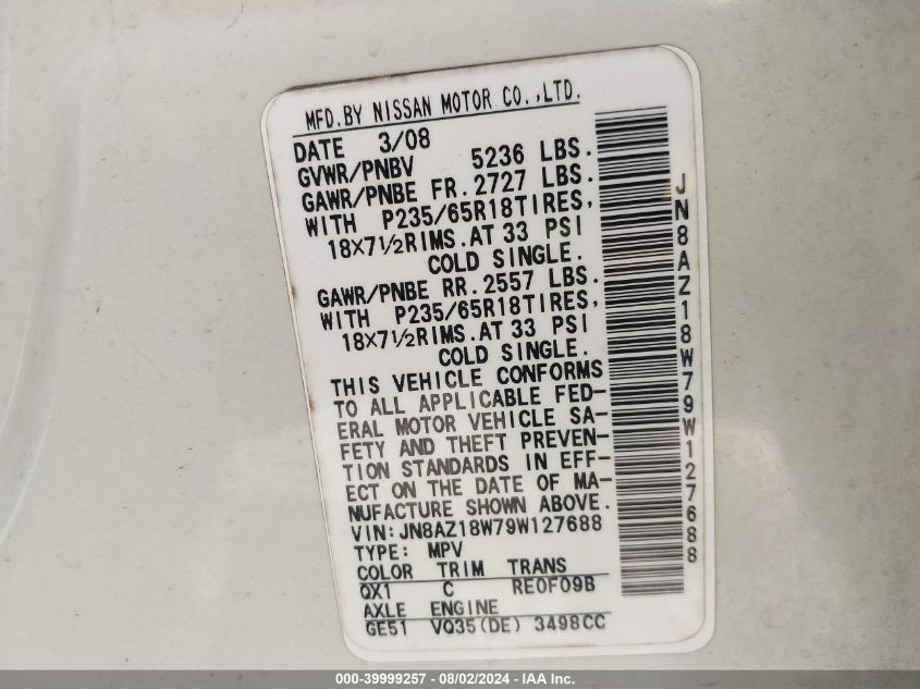 2009 Nissan Murano S/Sl/Le VIN: JN8AZ18W79W127688 Lot: 39999257