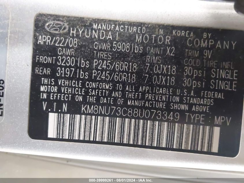 2008 Hyundai Veracruz Gls/Limited/Se VIN: KM8NU73C88U073349 Lot: 39999261