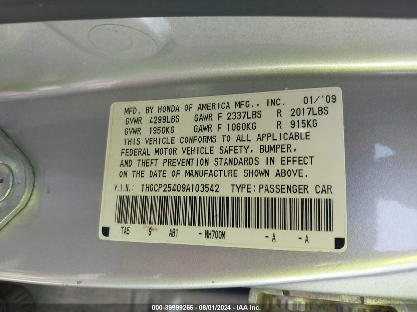 2009 Honda Accord 2.4 Lx-P VIN: 1HGCP25409A103542 Lot: 39999266