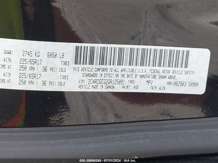 2016 Dodge Grand Caravan R/T VIN: 2C4RDGEG2GR125091 Lot: 39999269