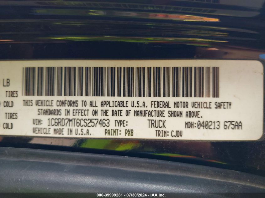 2012 Ram 1500 Sport VIN: 1C6RD7MT6CS257463 Lot: 39999281