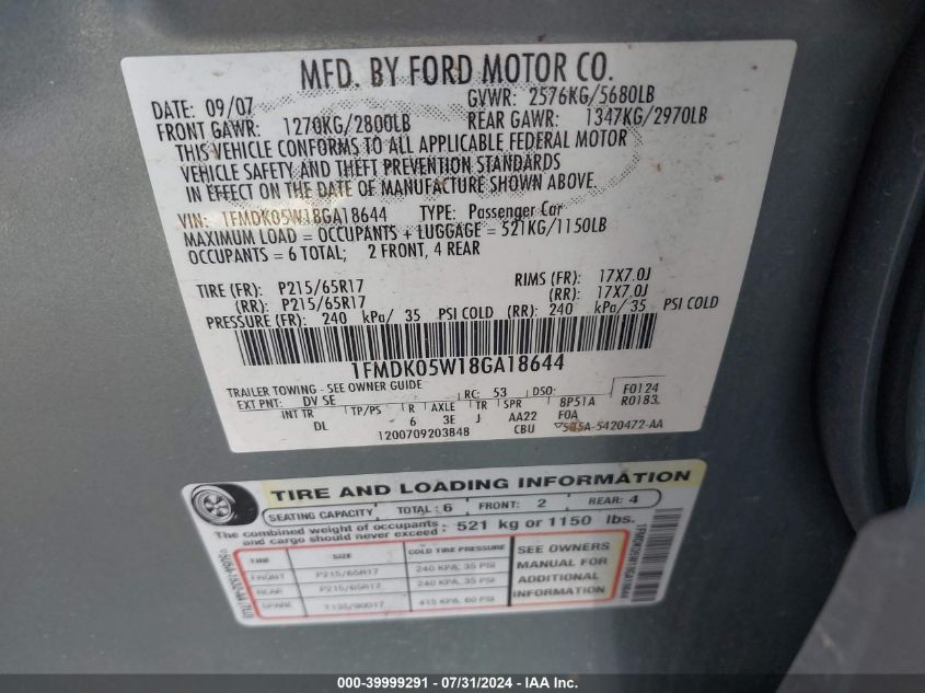 1FMDK05W18GA18644 2008 Ford Taurus X Sel