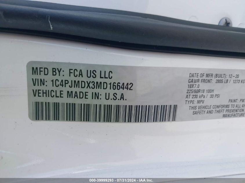 2021 Jeep Cherokee Limited 4X4 VIN: 1C4PJMDX3MD166442 Lot: 39999293