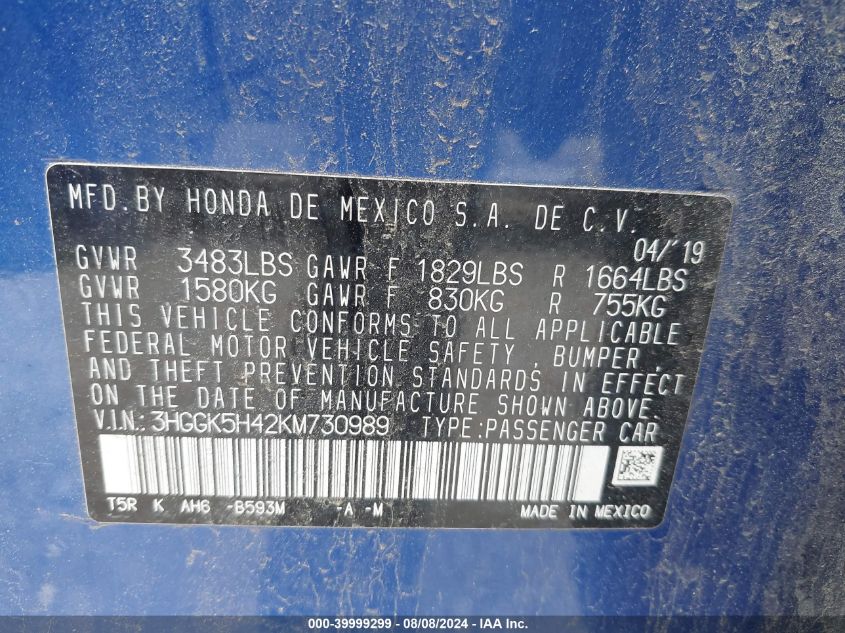 2019 Honda Fit Lx VIN: 3HGGK5H42KM730989 Lot: 39999299