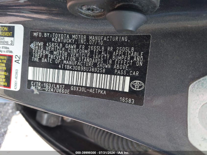 2011 Toyota Avalon Limited VIN: 4T1BK3DB9BU389258 Lot: 39999300