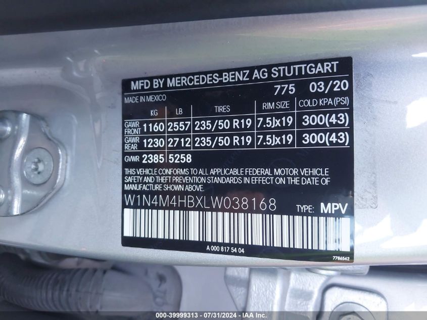 W1N4M4HBXLW038168 2020 Mercedes-Benz Glb 250 4Matic