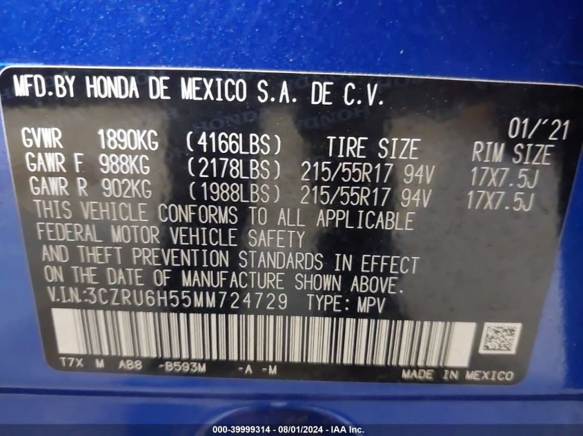 2021 Honda Hr-V Awd Ex VIN: 3CZRU6H55MM724729 Lot: 39999314