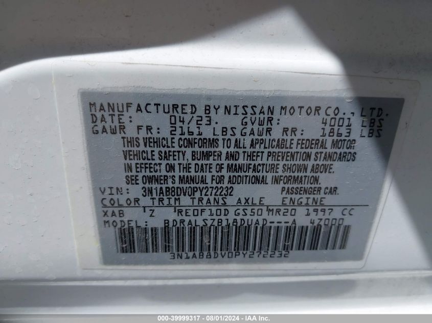 2023 Nissan Sentra Sr Xtronic Cvt VIN: 3N1AB8DV0PY272232 Lot: 39999317