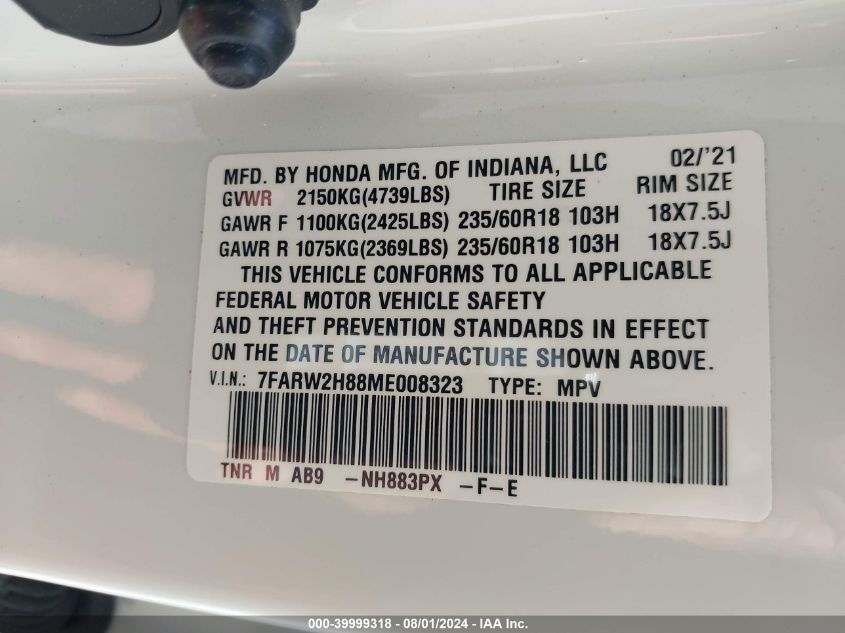 2021 Honda Cr-V Awd Ex-L VIN: 7FARW2H88ME008323 Lot: 39999318
