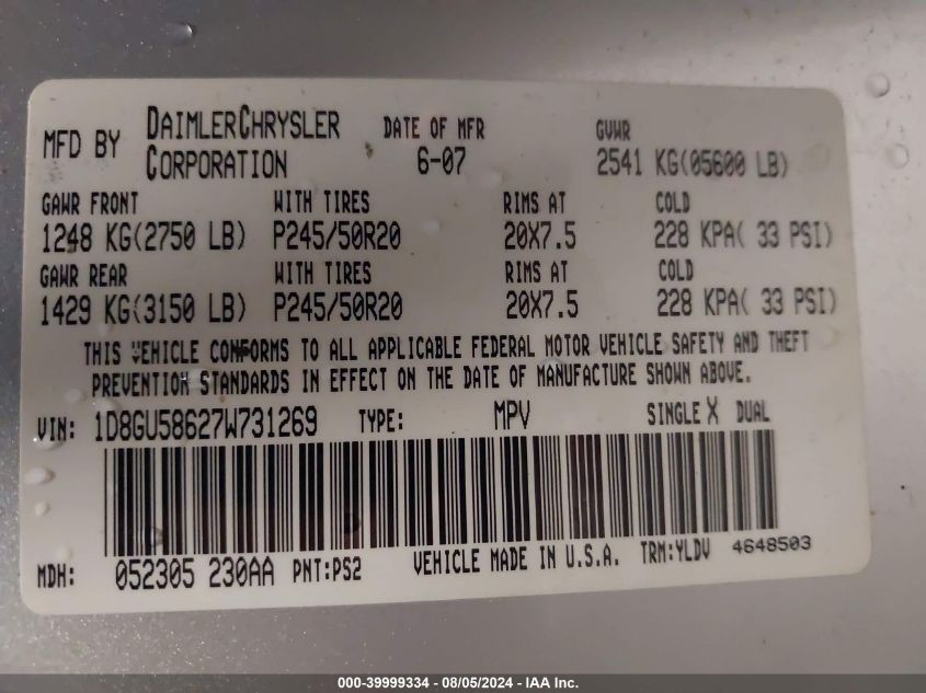 2007 Dodge Nitro Slt/Rt VIN: 1D8GU58627W731269 Lot: 39999334