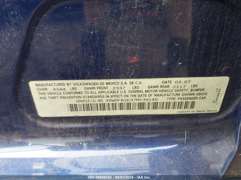 2007 Volkswagen Jetta 2.5 Option Package 2 VIN: 3VWDF81K37M139140 Lot: 39999352