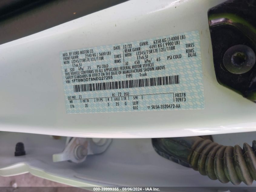 2022 Ford F-350 Xlt VIN: 1FT8W3DT8NEG27255 Lot: 39999355