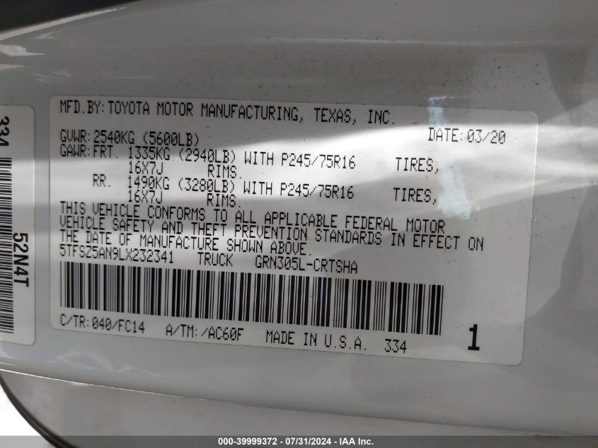 2020 Toyota Tacoma Sr5 V6 VIN: 5TFSZ5AN9LX232341 Lot: 39999372