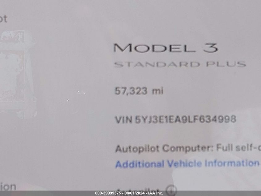 2020 Tesla Model 3 Standard Range Plus Rear-Wheel Drive/Standard Range Rear-Wheel Drive VIN: 5YJ3E1EA9LF634998 Lot: 39999375