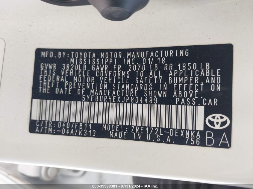 2018 TOYOTA COROLLA L/LE/XLE/SE/XSE - 5YFBURHEXJP804489