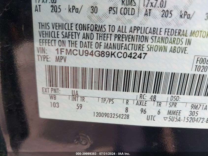 2009 Ford Escape Limited VIN: 1FMCU94G89KC04247 Lot: 39999383