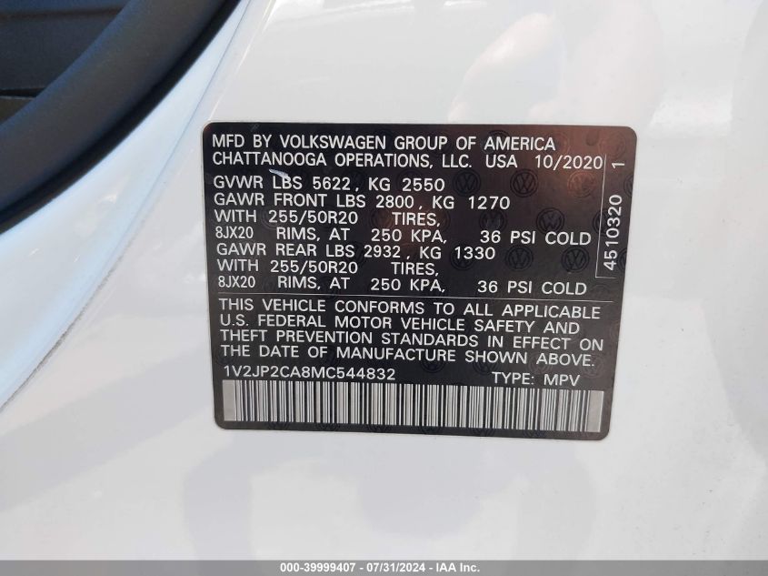 2021 Volkswagen Atlas 2.0T Se W/Technology VIN: 1V2JP2CA8MC544832 Lot: 39999407