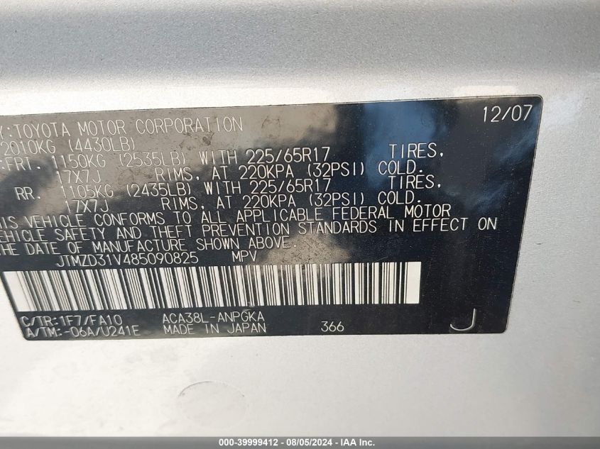 2008 Toyota Rav4 Limited VIN: JTMZD31V485090825 Lot: 39999412