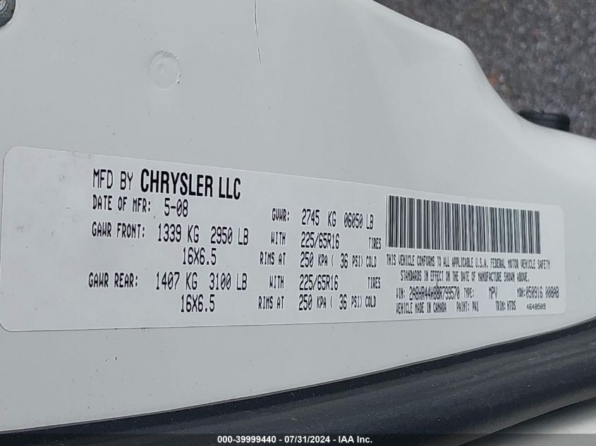 2008 Chrysler Town & Country Lx VIN: 2A8HR44H88R799570 Lot: 39999440