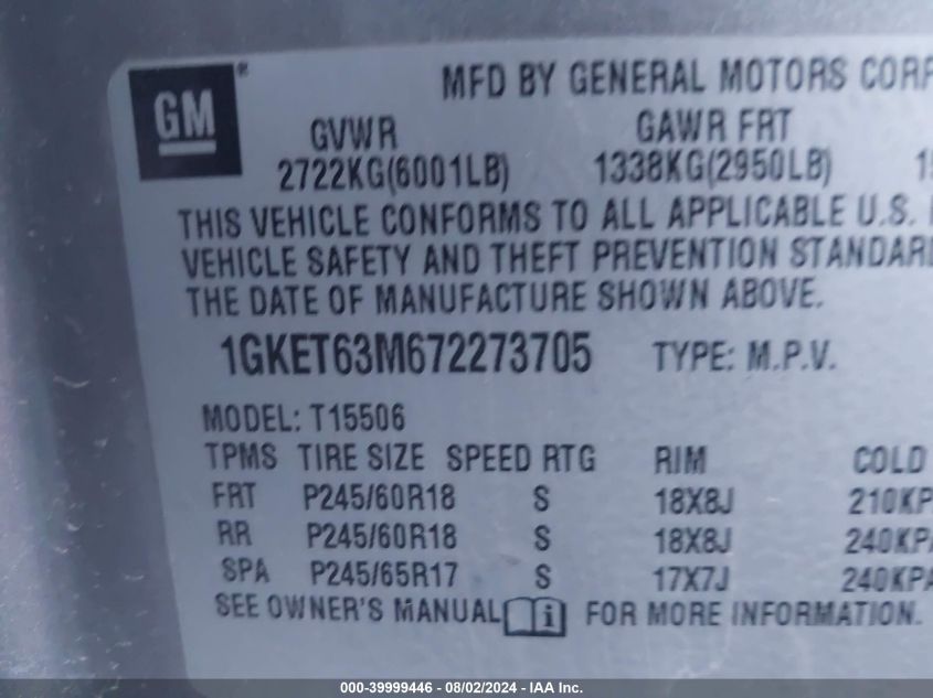 2007 GMC Envoy Denali VIN: 1GKET63M672273705 Lot: 39999446