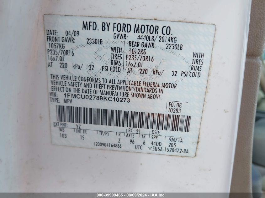 2009 Ford Escape Xls/Xls Manual VIN: 1FMCU02789KC10273 Lot: 39999465