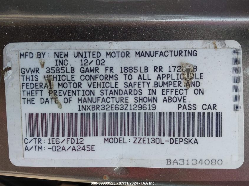 2003 Toyota Corolla S VIN: 1NXBR32E63Z129619 Lot: 39999523