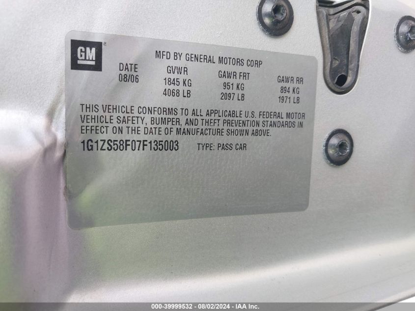 2007 Chevrolet Malibu Ls VIN: 1G1ZS58F07F135003 Lot: 39999532