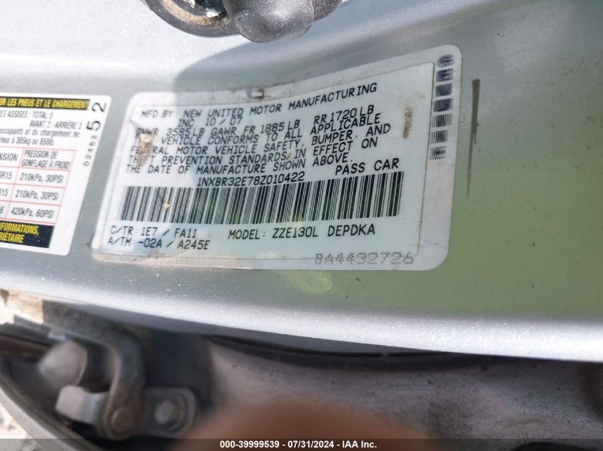 2008 Toyota Corolla Ce VIN: 1NXBR32E78Z010422 Lot: 39999539