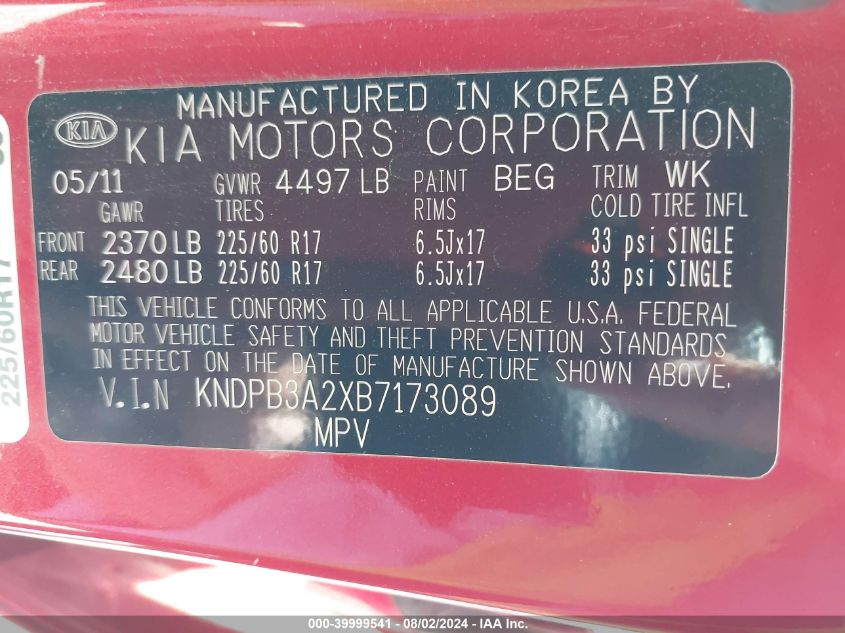 2011 Kia Sportage Lx VIN: KNDPB3A2XB7173089 Lot: 39999541