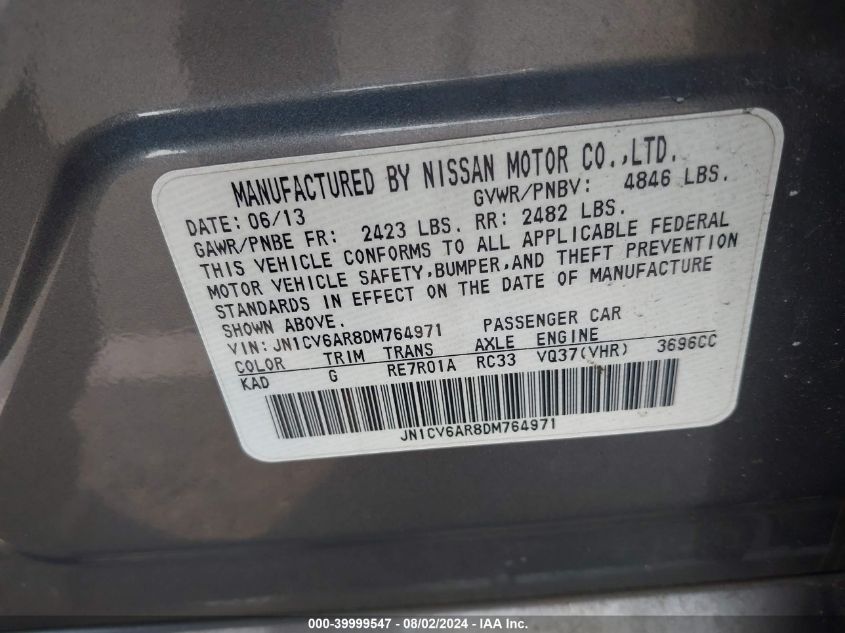 2013 Infiniti G37X VIN: JN1CV6AR8DM764971 Lot: 39999547