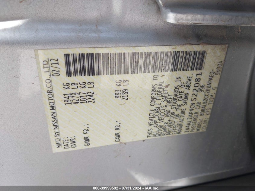 1N4AL2AP4CN522081 2012 Nissan Altima 2.5 S