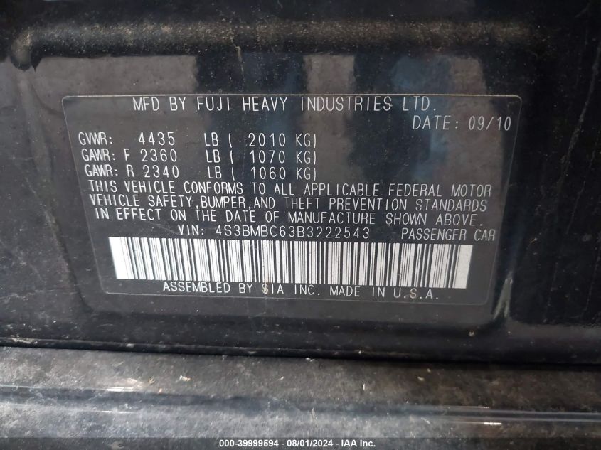 2011 Subaru Legacy 2.5I Premium VIN: 4S3BMBC63B3222543 Lot: 39999594