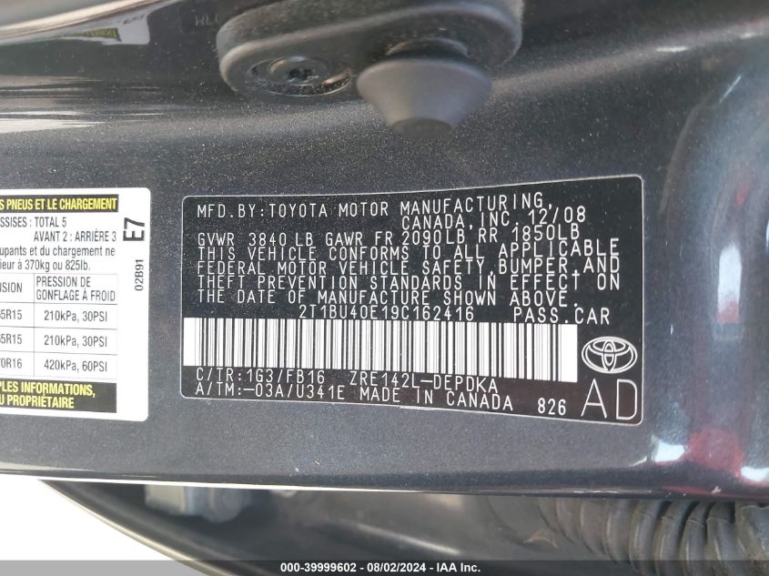 2009 Toyota Corolla Le/S/Xle VIN: 2T1BU40E19C162416 Lot: 39999602