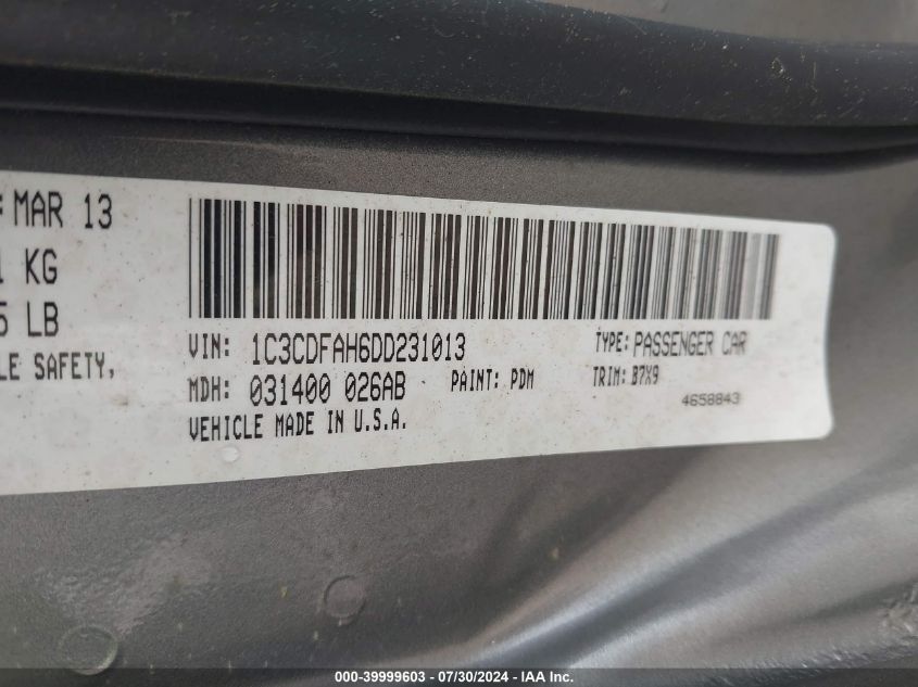 2013 Dodge Dart Aero VIN: 1C3CDFAH6DD231013 Lot: 39999603