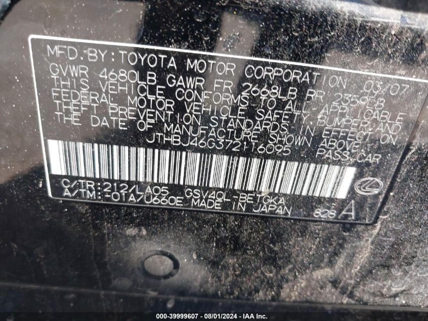 2007 Lexus Es 350 VIN: JTHBJ46G372116095 Lot: 39999607