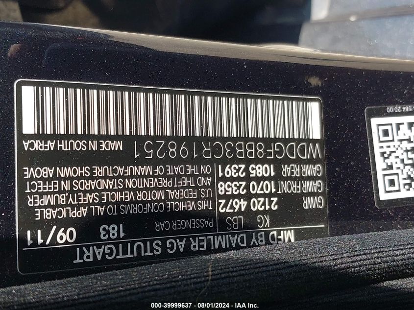 2012 Mercedes-Benz C 300 Luxury 4Matic/Sport 4Matic VIN: WDDGF8BB3CR198251 Lot: 39999637