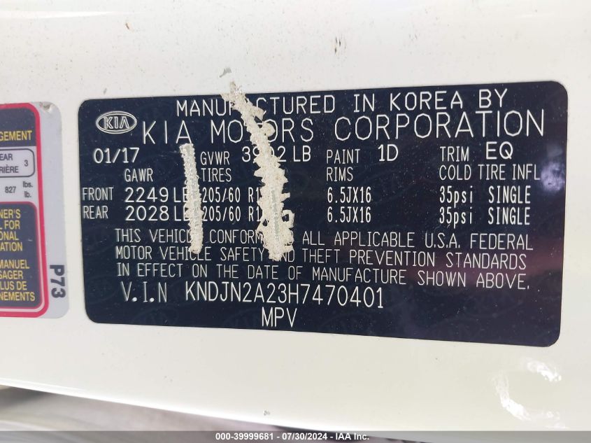 2017 Kia Soul VIN: KNDJN2A23H7470401 Lot: 39999681