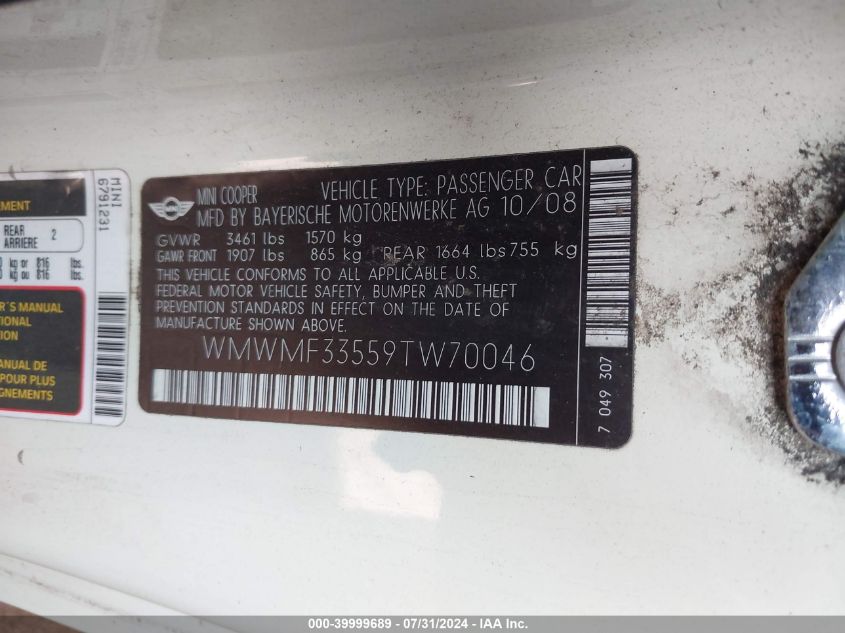 2009 Mini Cooper VIN: WMWMF33559TW70046 Lot: 39999689
