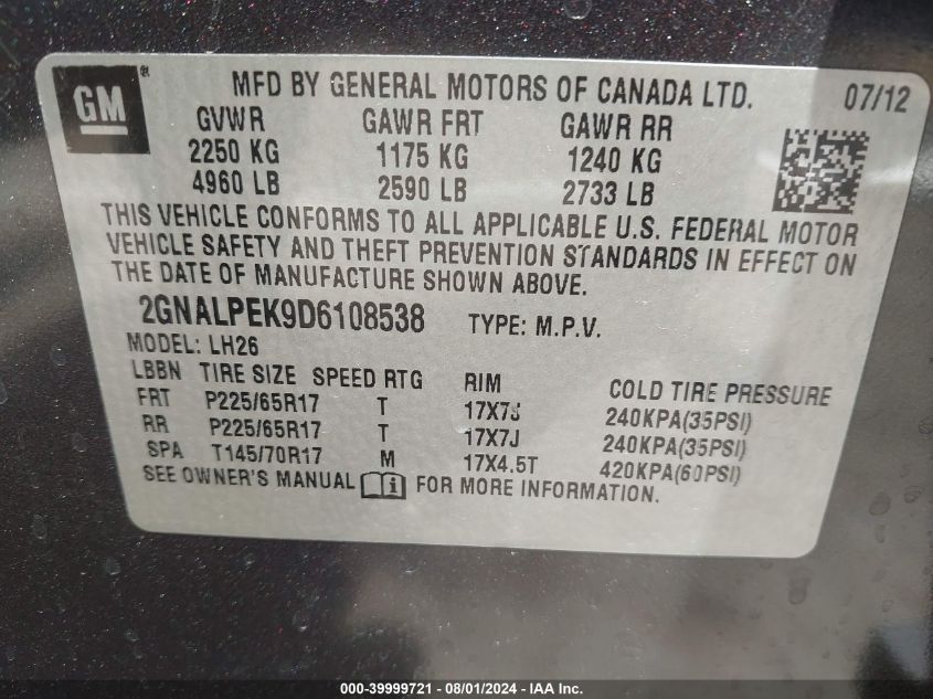 2013 Chevrolet Equinox 2Lt VIN: 2GNALPEK9D6108538 Lot: 39999721