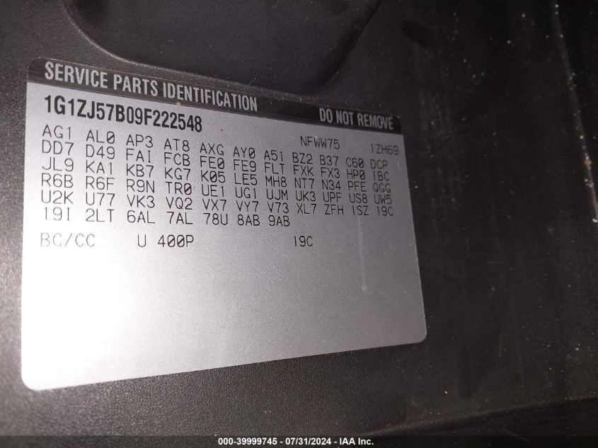 2009 Chevrolet Malibu Lt VIN: 1G1ZJ57B09F222548 Lot: 39999745