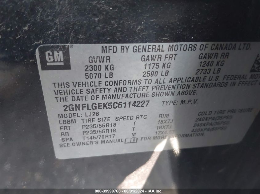 2012 Chevrolet Equinox Ltz VIN: 2GNFLGEK5C6114227 Lot: 39999765