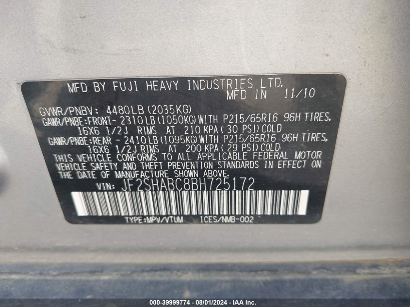 2011 Subaru Forester 2.5X VIN: JF2SHABC8BH725172 Lot: 39999774