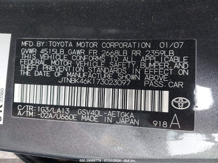 2007 Toyota Camry Xle V6 VIN: JTNBK46K173023097 Lot: 39999776