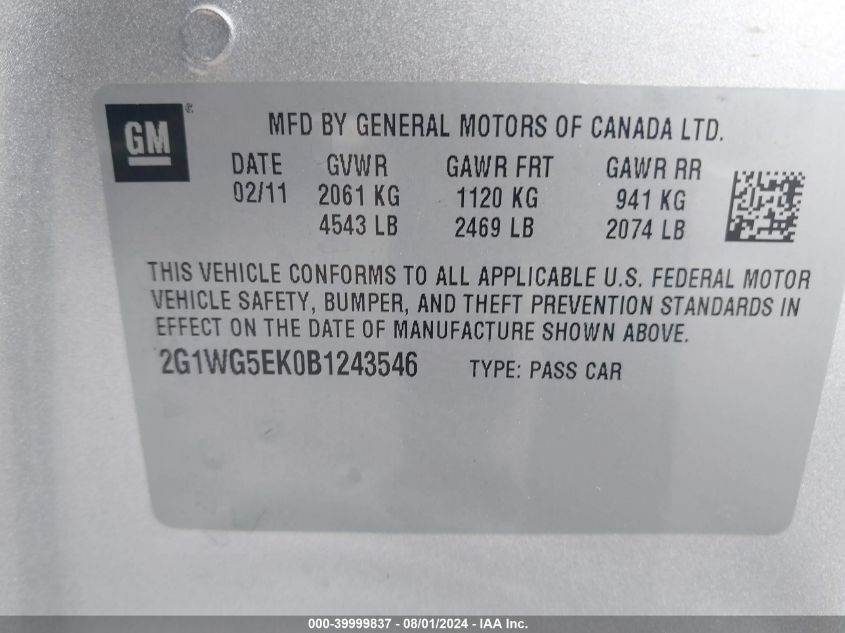 2011 Chevrolet Impala Lt VIN: 2G1WG5EK0B1243546 Lot: 39999837