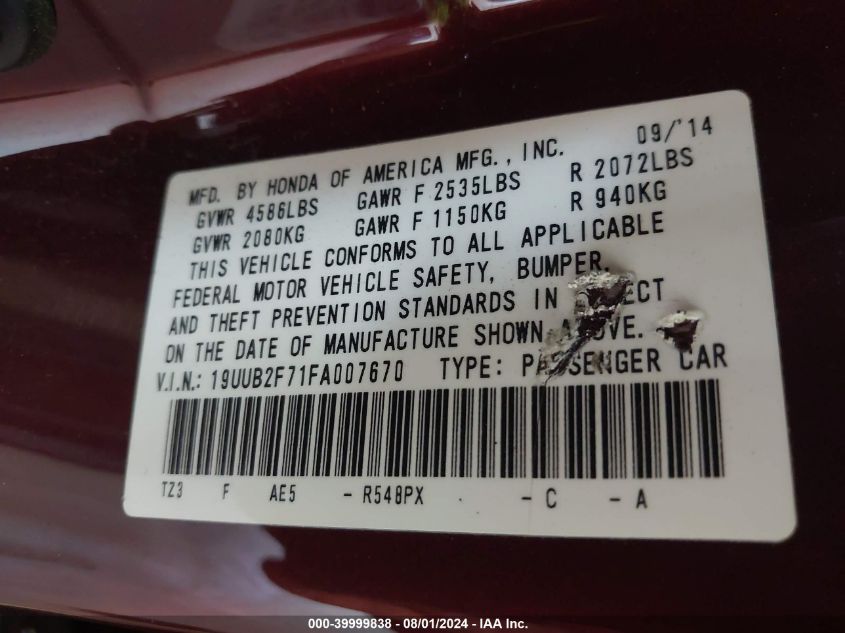 2015 Acura Tlx V6 Advance VIN: 19UUB2F71FA007670 Lot: 39999838